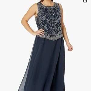 J Kara Women's Plus Size Sleeveless Hand Beaded MOB Mock 1-Piece Dress | size 12